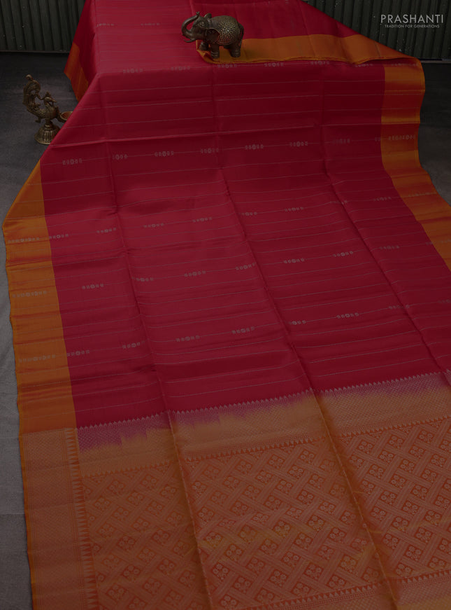 Kanchipuram soft silk saree red and sunset orange with allover silver zari weaves and zari woven border