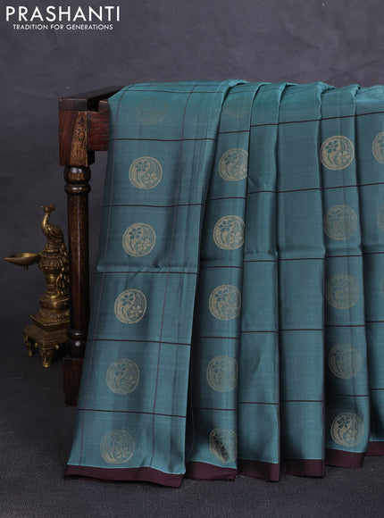 Kanchipuram soft silk saree bluish green and coffee brown with allover checks & zari woven buttas and piping border