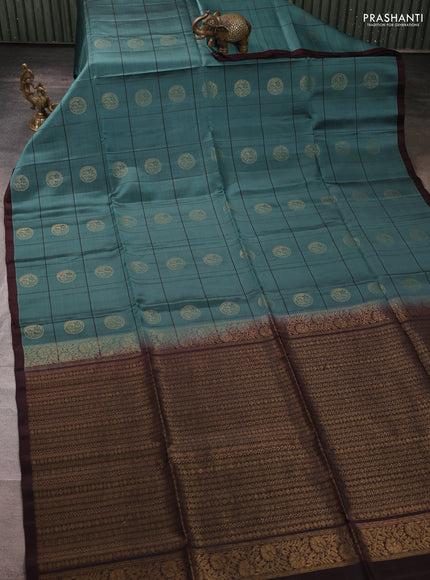 Kanchipuram soft silk saree bluish green and coffee brown with allover checks & zari woven buttas and piping border