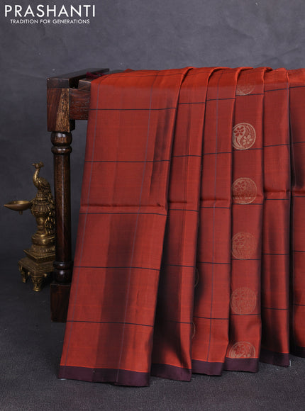 Kanchipuram soft silk saree rust shade and coffee brown with allover checks & zari woven buttas and piping border