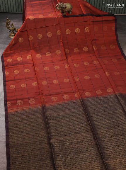 Kanchipuram soft silk saree rust shade and coffee brown with allover checks & zari woven buttas and piping border