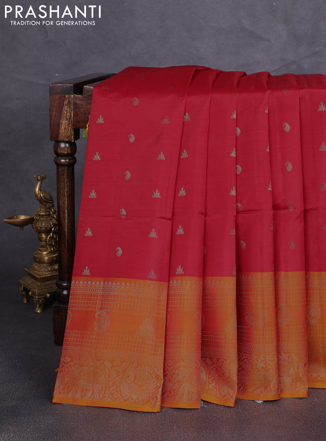 Kanchipuram soft silk saree red and sunset orange with allover zari weaves & buttas and long zari woven border