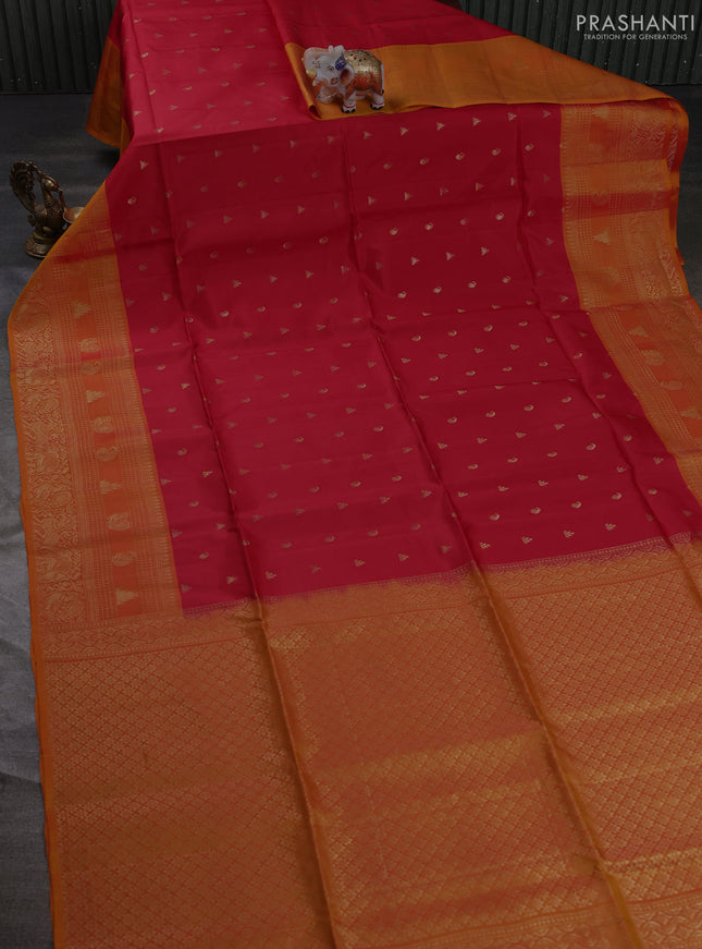 Kanchipuram soft silk saree red and sunset orange with allover zari weaves & buttas and long zari woven border
