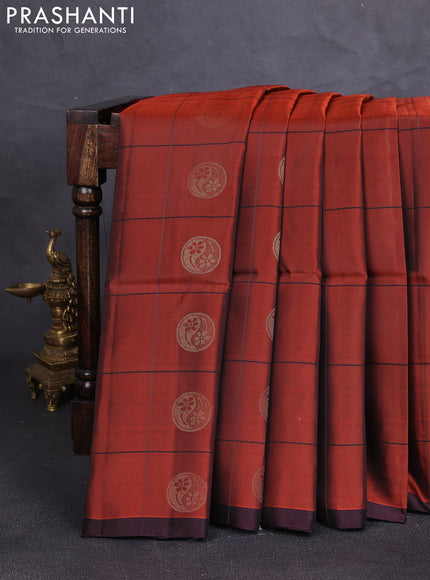 Kanchipuram soft silk saree rust shade and coffee brown with allover checks & zari woven buttas and piping border