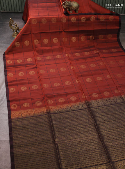 Kanchipuram soft silk saree rust shade and coffee brown with allover checks & zari woven buttas and piping border