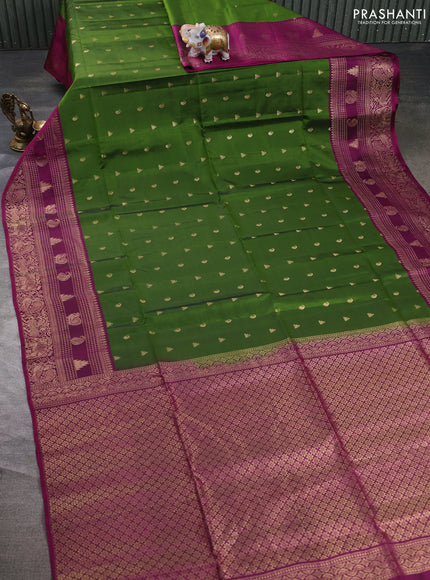 Kanchipuram soft silk saree green and magenta pink with allover zari woven buttas and long zari woven border