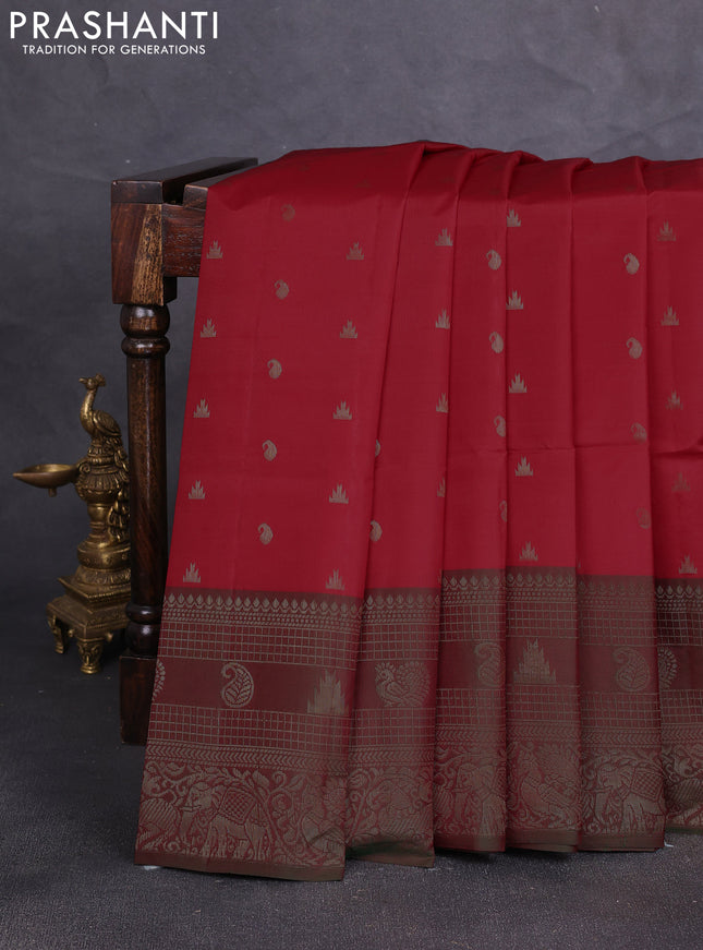 Kanchipuram soft silk saree red and manthulir green with allover zari woven buttas and long zari woven border