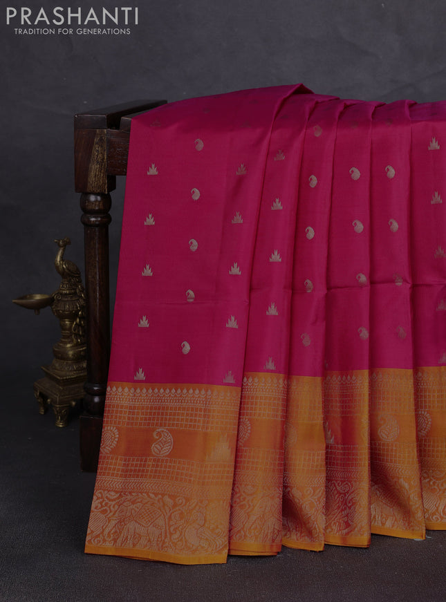 Kanchipuram soft silk saree tomato pink and sunset orange with allover zari woven buttas and long zari woven border