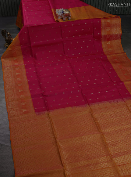 Kanchipuram soft silk saree tomato pink and sunset orange with allover zari woven buttas and long zari woven border