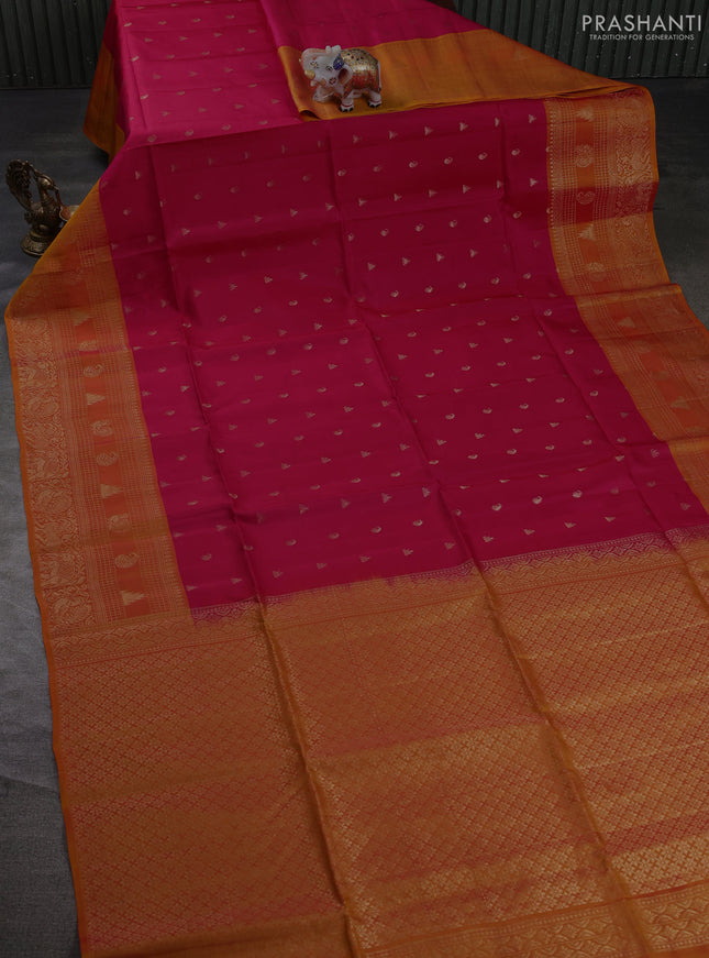 Kanchipuram soft silk saree tomato pink and sunset orange with allover zari woven buttas and long zari woven border