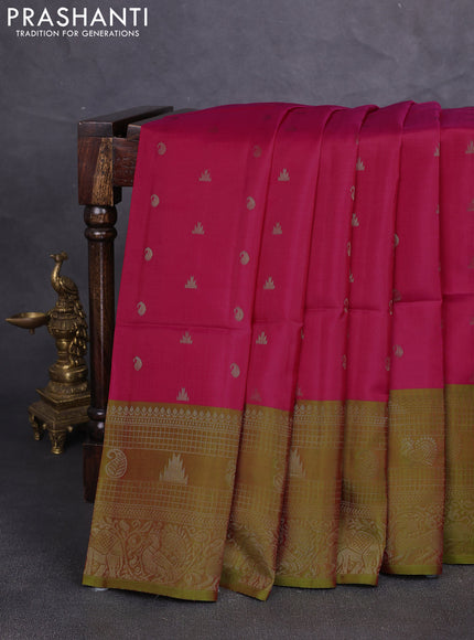 Kanchipuram soft silk saree pink and light green with allover zari woven buttas and long zari woven border