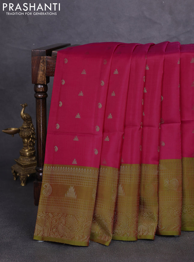 Kanchipuram soft silk saree pink and light green with allover zari woven buttas and long zari woven border