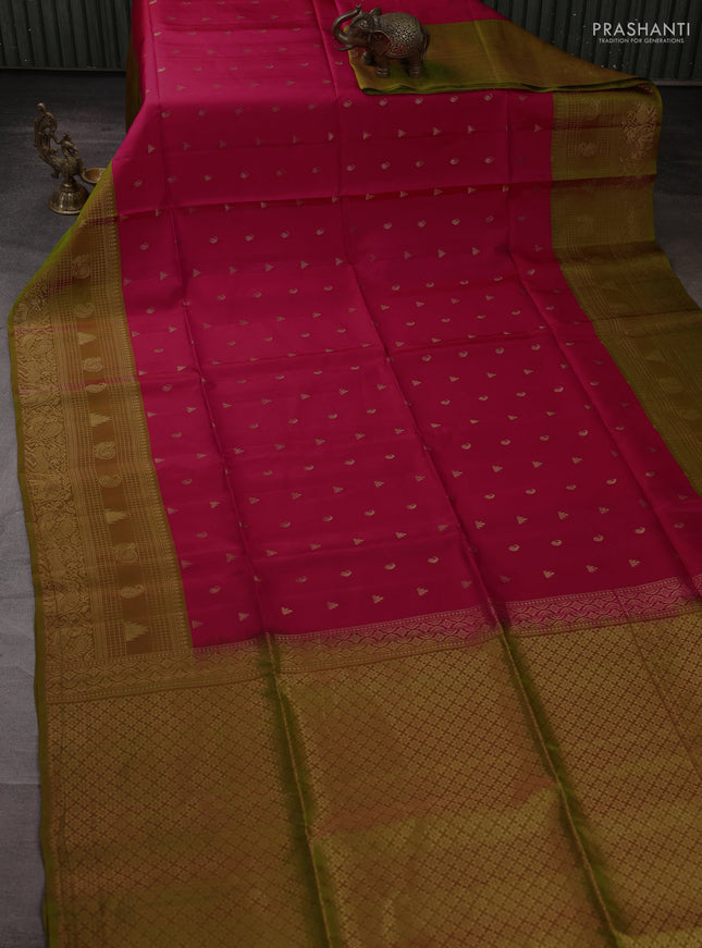 Kanchipuram soft silk saree pink and light green with allover zari woven buttas and long zari woven border