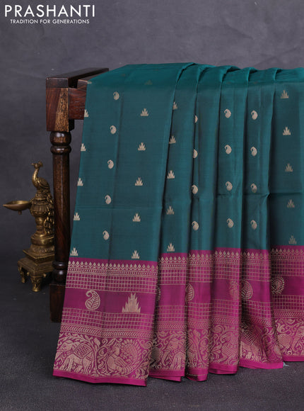 Kanchipuram soft silk saree peacock green and magenta pink with allover zari woven buttas and long zari woven border