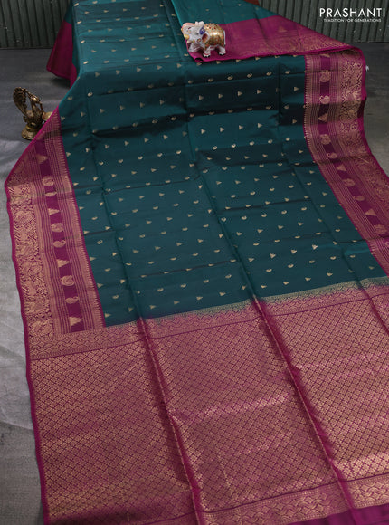 Kanchipuram soft silk saree peacock green and magenta pink with allover zari woven buttas and long zari woven border