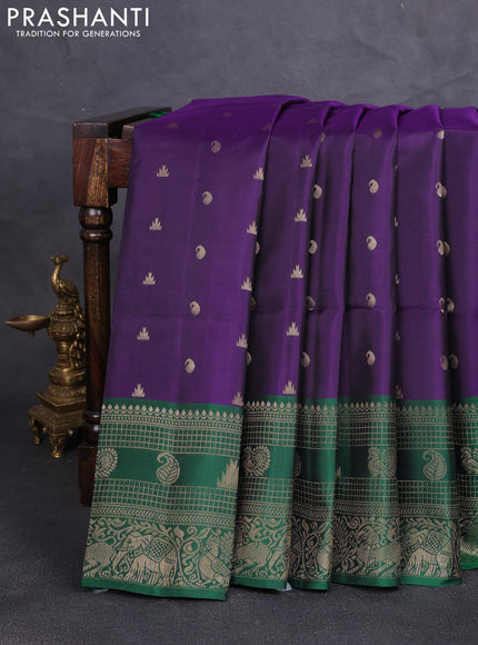 Kanchipuram soft silk saree deep violet and green with allover zari woven buttas and long zari woven border