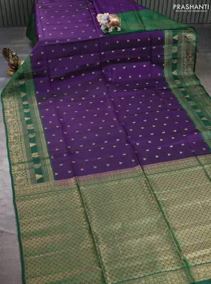 Kanchipuram soft silk saree deep violet and green with allover zari woven buttas and long zari woven border