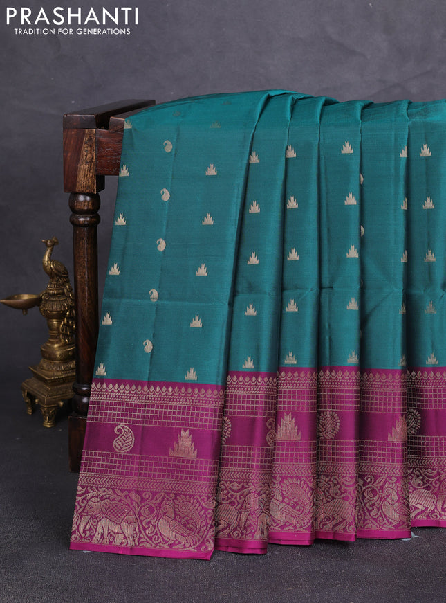 Kanchipuram soft silk saree peacock green and pink with allover zari woven buttas and long zari woven border