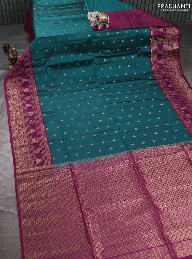 Kanchipuram soft silk saree peacock green and pink with allover zari woven buttas and long zari woven border