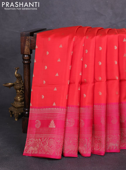 Kanchipuram soft silk saree red and pink with allover zari woven buttas and long zari woven border