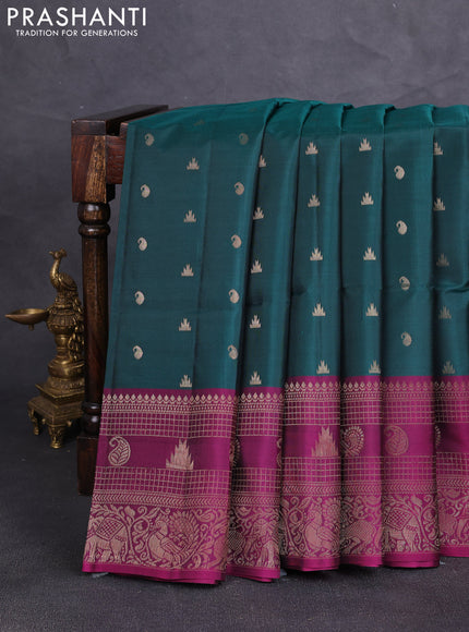 Kanchipuram soft silk saree peacock green and magenta pink with allover zari woven buttas and long zari woven border