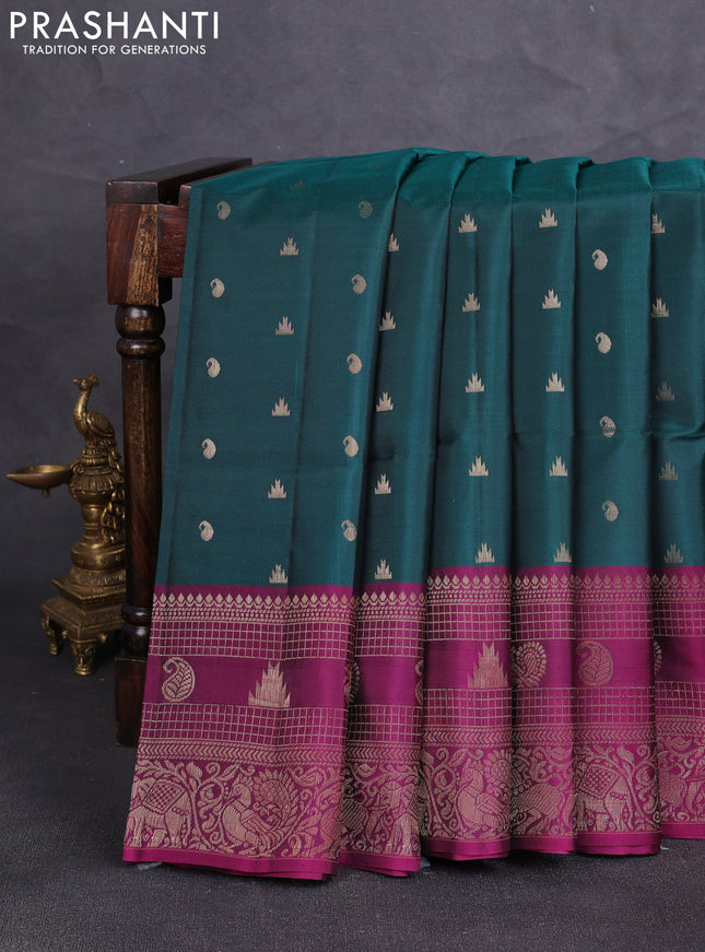 Kanchipuram soft silk saree peacock green and magenta pink with allover zari woven buttas and long zari woven border