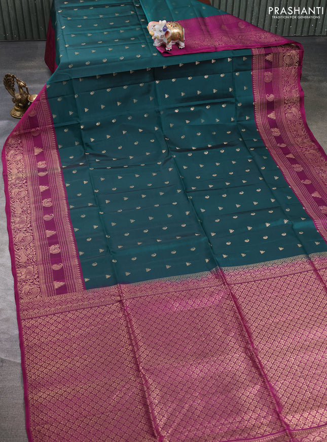 Kanchipuram soft silk saree peacock green and magenta pink with allover zari woven buttas and long zari woven border