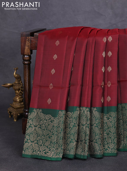 Kanchipuram soft silk saree deep maroon and green with allover zari woven buttas and long zari woven border