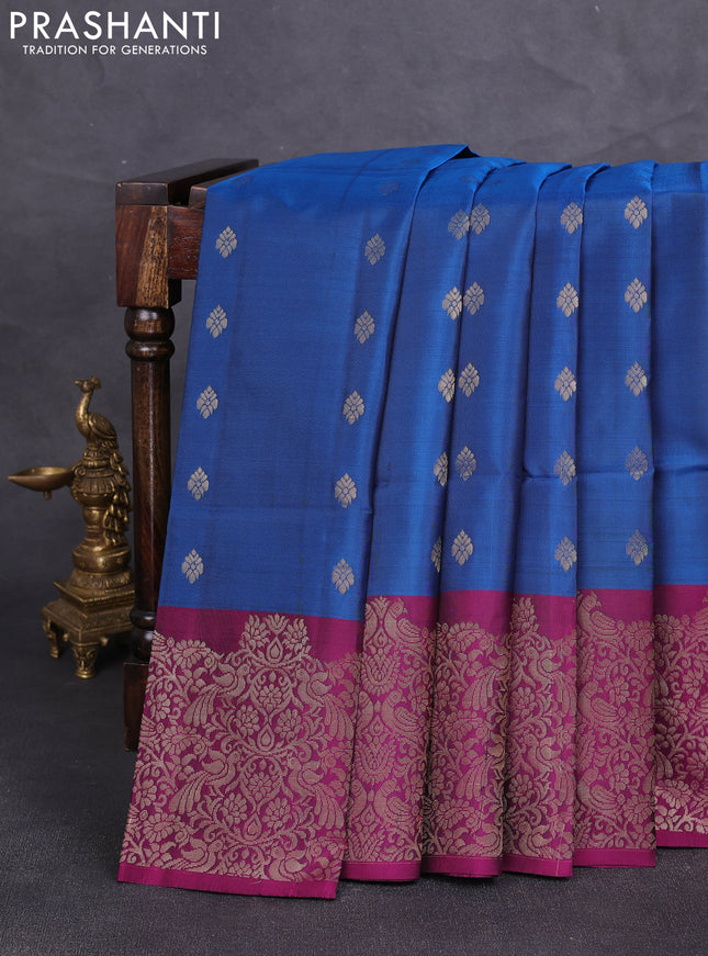 Kanchipuram soft silk saree peacock blue and pink with allover zari woven buttas and long zari woven border