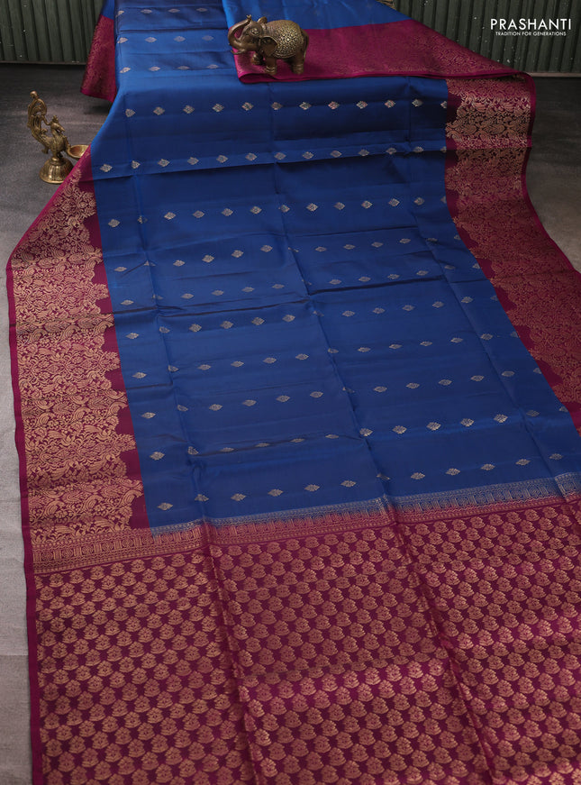 Kanchipuram soft silk saree peacock blue and pink with allover zari woven buttas and long zari woven border