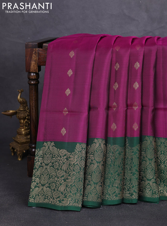 Kanchipuram soft silk saree dark magenta and green with allover zari woven buttas and long zari woven border