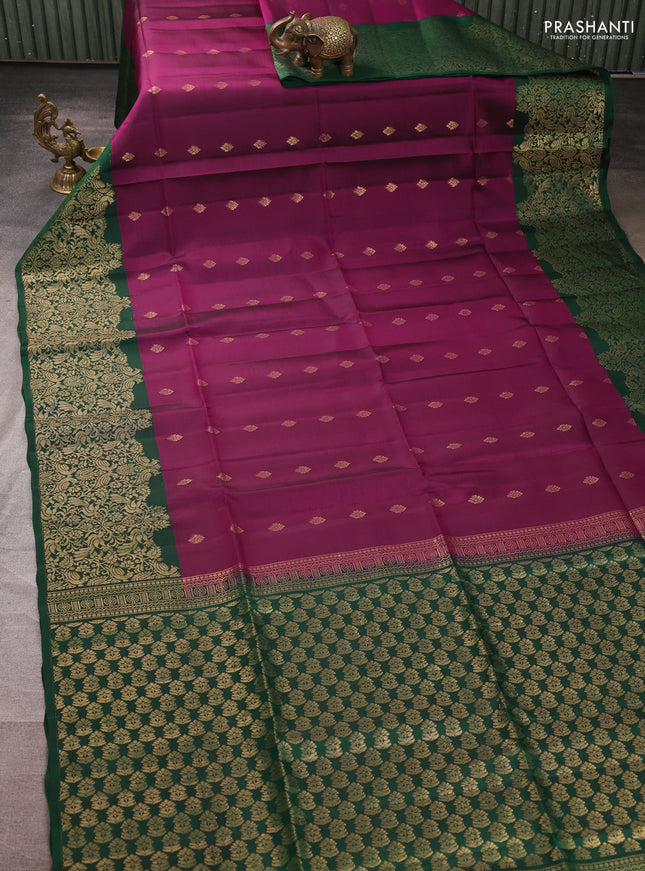 Kanchipuram soft silk saree dark magenta and green with allover zari woven buttas and long zari woven border