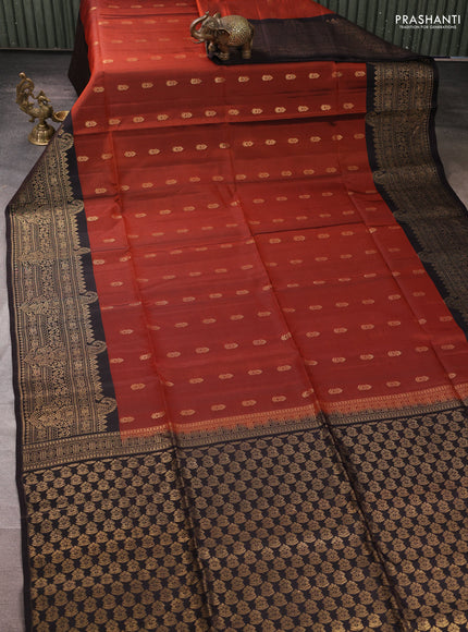 Kanchipuram soft silk saree rust shade and coffee brown with allover zari woven buttas and long zari woven border