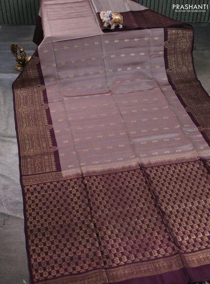 Kanchipuram soft silk saree rosy brown and deep wine with allover zari woven buttas and long zari woven border