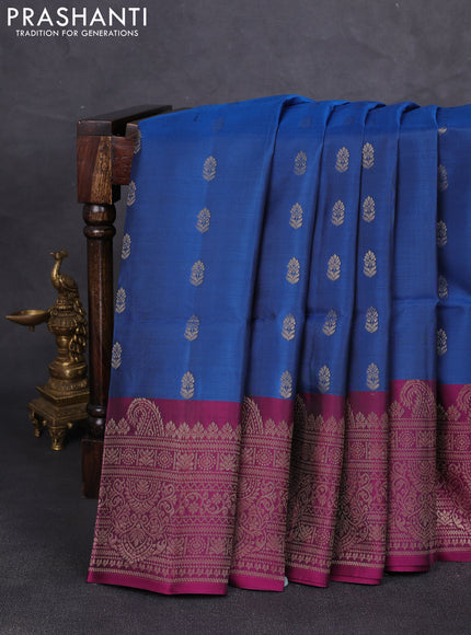 Kanchipuram soft silk saree peacock blue and magenta pink with allover zari woven buttas and long zari woven border