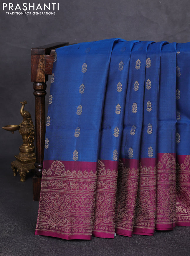 Kanchipuram soft silk saree peacock blue and magenta pink with allover zari woven buttas and long zari woven border
