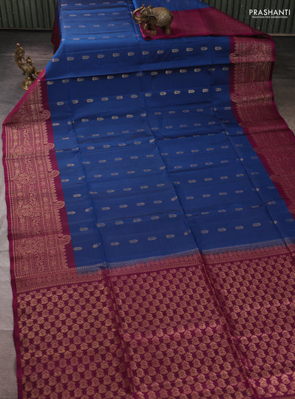 Kanchipuram soft silk saree peacock blue and magenta pink with allover zari woven buttas and long zari woven border