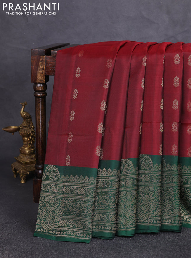 Kanchipuram soft silk saree deep maroon and green with allover zari woven buttas and long zari woven border