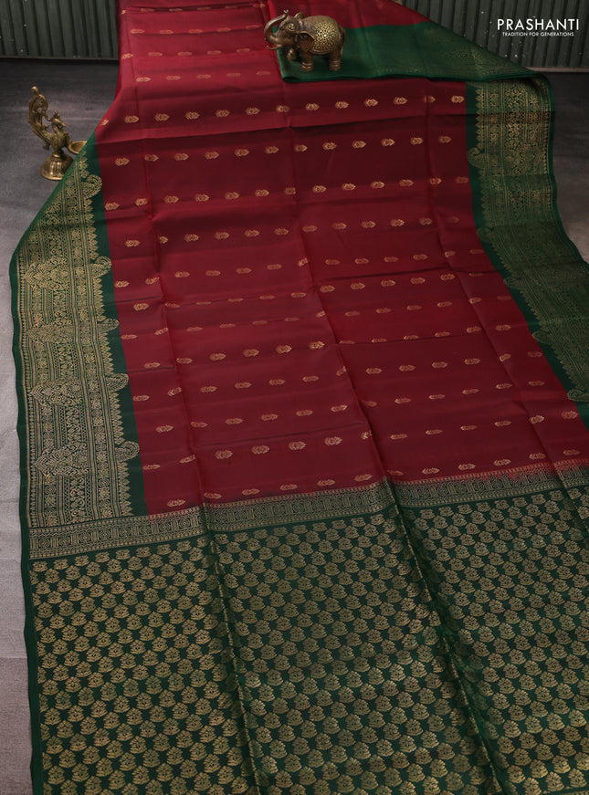 Kanchipuram soft silk saree deep maroon and green with allover zari woven buttas and long zari woven border