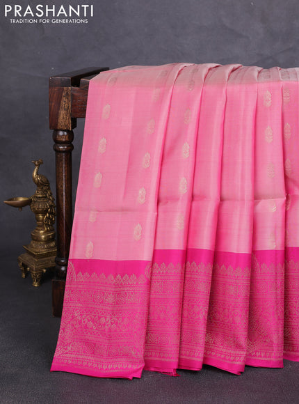 Kanchipuram soft silk saree peach pink and pink with allover zari woven buttas and long zari woven border