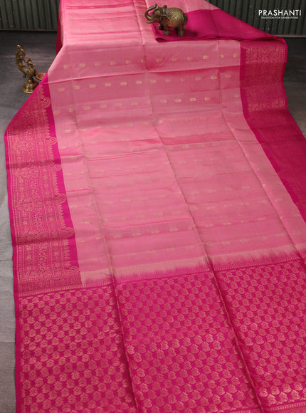 Kanchipuram soft silk saree peach pink and pink with allover zari woven buttas and long zari woven border