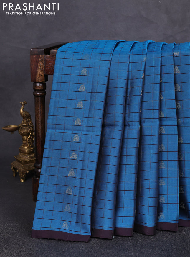 Kanchipuram soft silk saree peacock blue and deep wine with allover checks & zari woven buttas and piping border