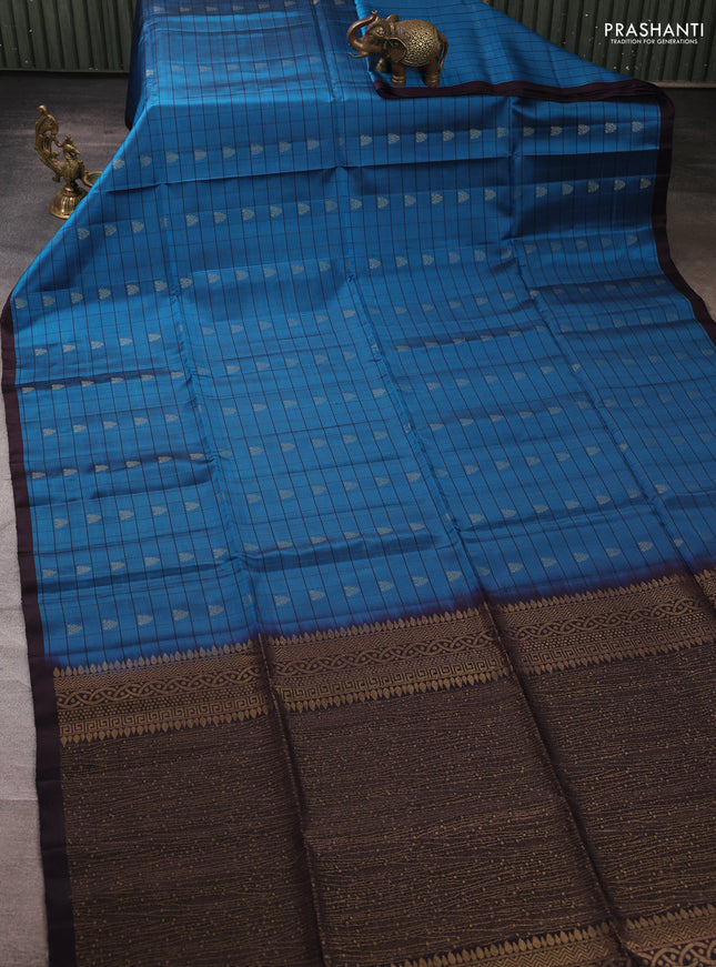 Kanchipuram soft silk saree peacock blue and deep wine with allover checks & zari woven buttas and piping border