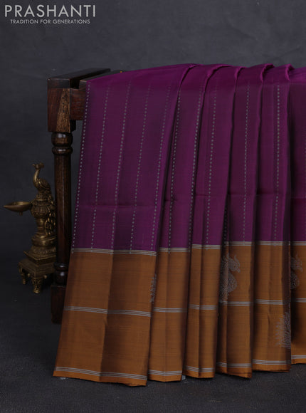 Kanchipuram soft silk saree magenta pink and mustard yellow with allover silver zari weaves and long zari woven butta border