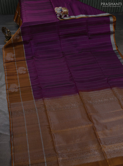 Kanchipuram soft silk saree magenta pink and mustard yellow with allover silver zari weaves and long zari woven butta border