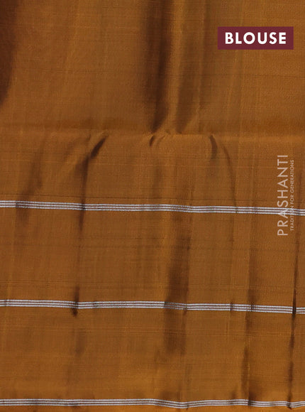Kanchipuram soft silk saree magenta pink and mustard yellow with allover silver zari weaves and long zari woven butta border