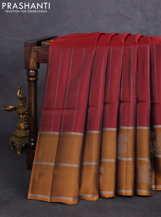 Kanchipuram soft silk saree maroon and mustard yellow with allover silver zari weaves and long zari woven butta border