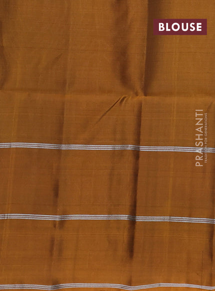 Kanchipuram soft silk saree maroon and mustard yellow with allover silver zari weaves and long zari woven butta border