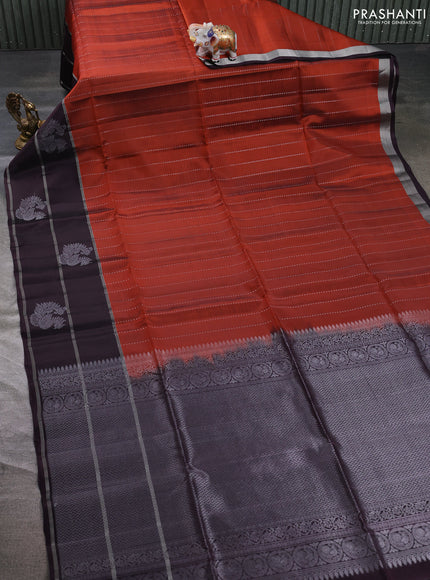 Kanchipuram soft silk saree rust shade and wine shade with allover silver zari weaves and long zari woven butta border