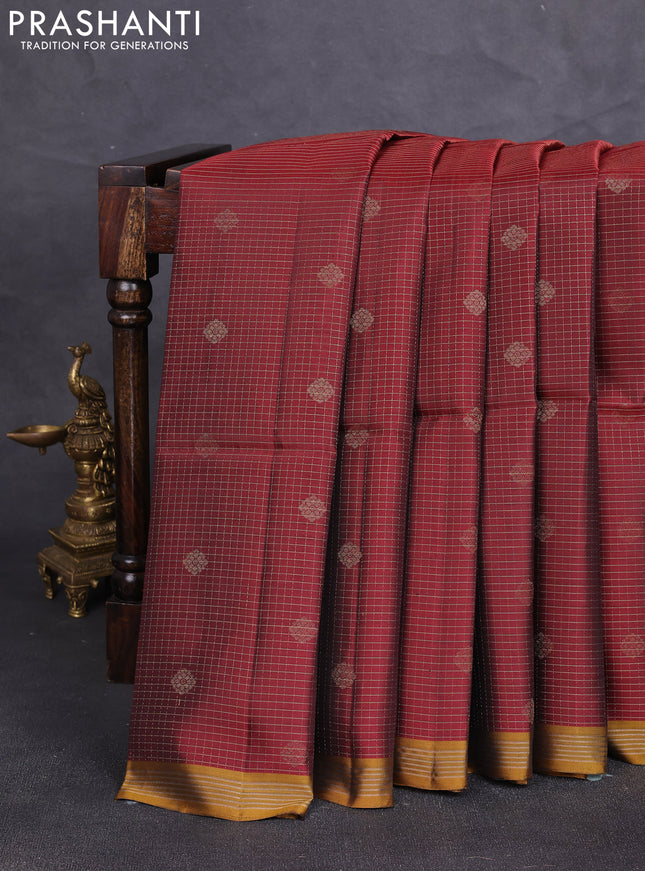 Kanchipuram soft silk saree deep maroon and mustard yellow with allover zari small checks & buttas and small zari woven border